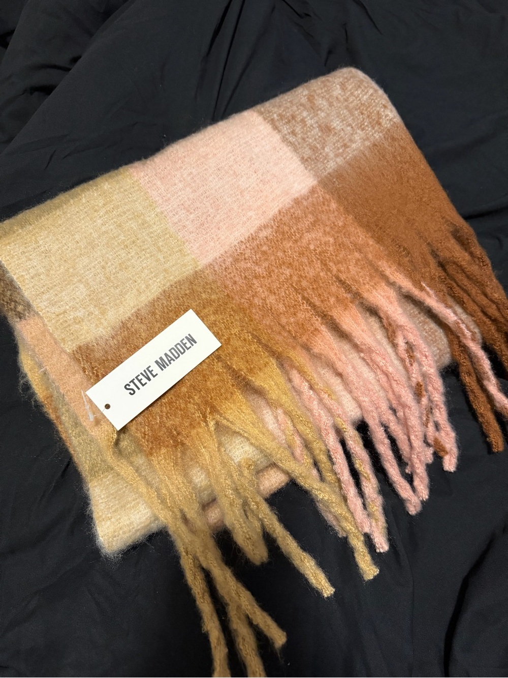 Steve Madden Plaid Fringe Scarf in Pink, Tan & Brown